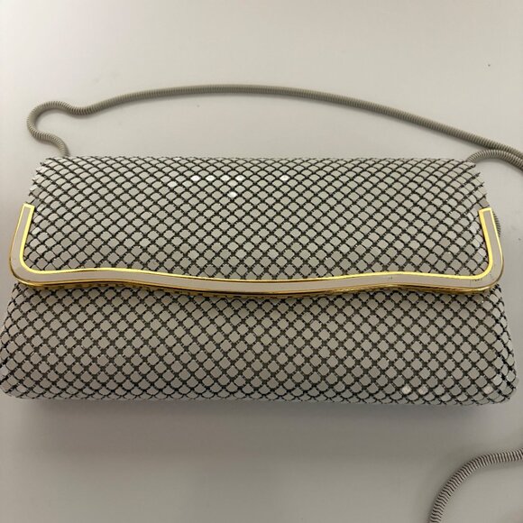 White Mesh Clutch Purse Shoulder Bag Gold Trim 80s Vintage Evening Prom Wedding - Picture 3 of 8